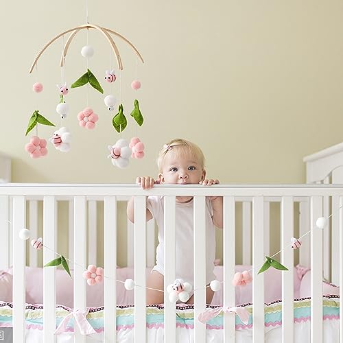 OESSUF Baby Mobile for Crib, Crib Nursery Mobile for Boys Girls, Boho Bee Flower Nursery Decor Soothe Toy Baby Shower Set for Infant Bedroom Hanging Decoration Toy, Pink - Image 2