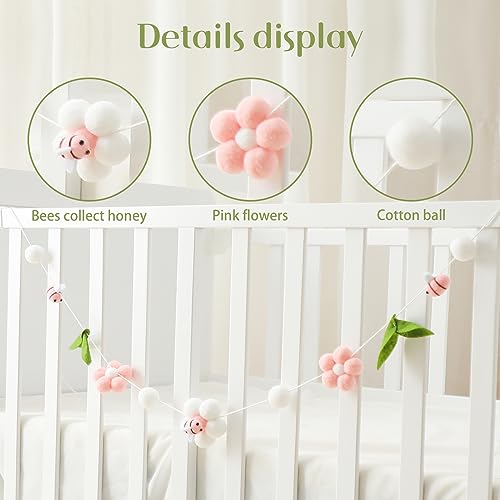 OESSUF Baby Mobile for Crib, Crib Nursery Mobile for Boys Girls, Boho Bee Flower Nursery Decor Soothe Toy Baby Shower Set for Infant Bedroom Hanging Decoration Toy, Pink - Image 3