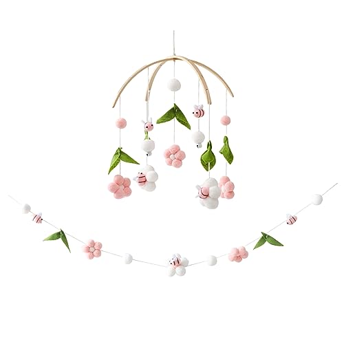 OESSUF Baby Mobile for Crib, Crib Nursery Mobile for Boys Girls, Boho Bee Flower Nursery Decor Soothe Toy Baby Shower Set for Infant Bedroom Hanging Decoration Toy, Pink - Image 1