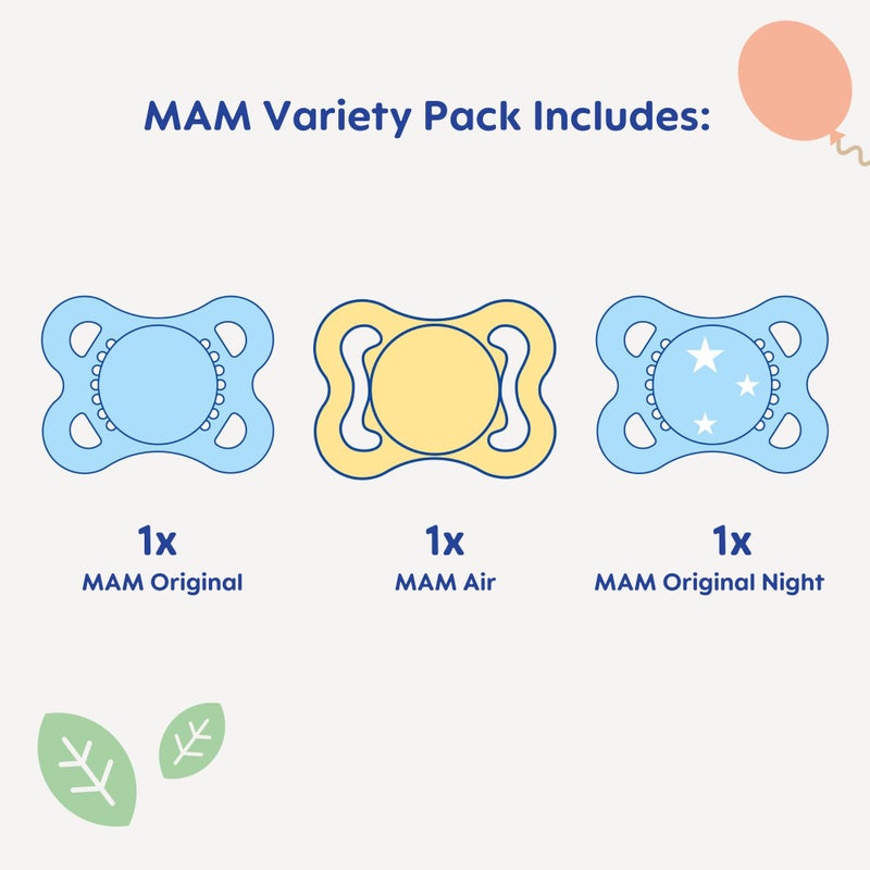MAM Variety Pack Baby Pacifier, Includes 3 Types of Pacifiers, Nipple Shape Helps Promote Healthy Oral Development,0-6 Months, Unisex, 3 Count (Pack of 1) - Image 2