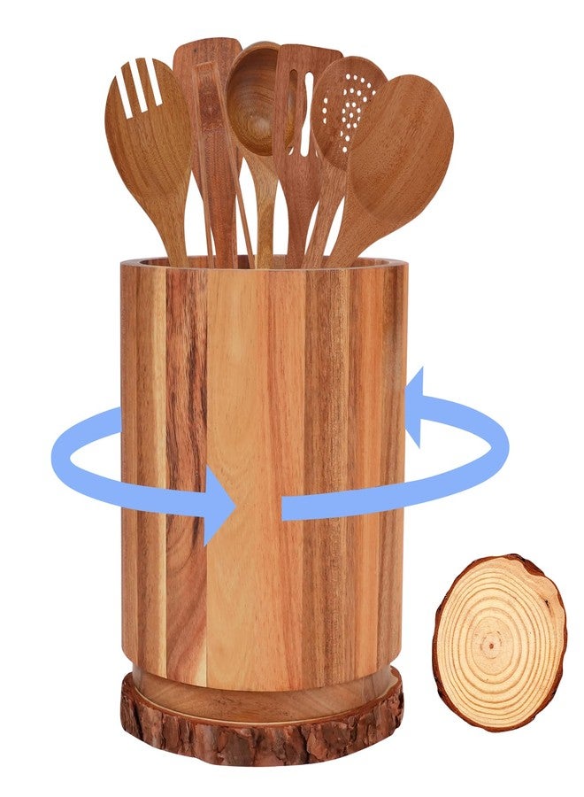 MOAMUN Acacia Wood Kitchen Utensil Holder with Wood Centerpieces for Tables, 360° Rotating Wooden Cooking Utensil Crock, Large Cookware Organizer Storage, Kitchen Counter Farmhouse Decor - Image 1