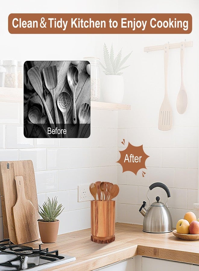 MOAMUN Acacia Wood Kitchen Utensil Holder with Wood Centerpieces for Tables, 360° Rotating Wooden Cooking Utensil Crock, Large Cookware Organizer Storage, Kitchen Counter Farmhouse Decor - Image 4