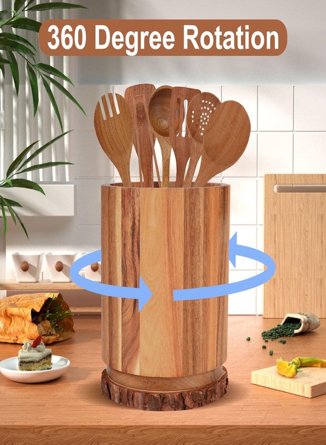 MOAMUN Acacia Wood Kitchen Utensil Holder with Wood Centerpieces for Tables, 360° Rotating Wooden Cooking Utensil Crock, Large Cookware Organizer Storage, Kitchen Counter Farmhouse Decor - Image 3