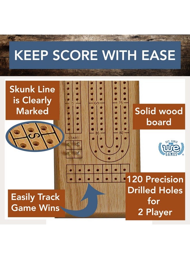 WE Games Classic Cribbage Set - Solid Oak Wood Continuous 2 Track Board with Metal Pegs - Image 2
