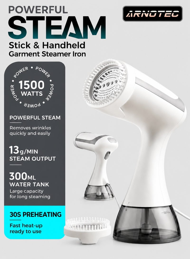 ARNOTEC Handheld Garment Steamer Iron – 1500W Portable Clothes Steamer with 300ML Water Tank, Fast 30s Preheat, 13g/min Steam Output, Titanium Plate, Dual Dry & Wet Ironing – Ideal for Travel & Home Use (UK Plug) - Image 1