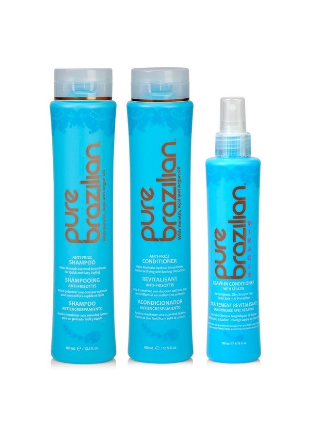 Pure Brazilian Pure Brazilian 3-Piece Daily Essentials Kit: Anti-Frizz Shampoo, Conditioner & Miracle Leave-In Conditioner with Keratin, Cocoa Butter & Bulgarian Rose Wate  - Image 1