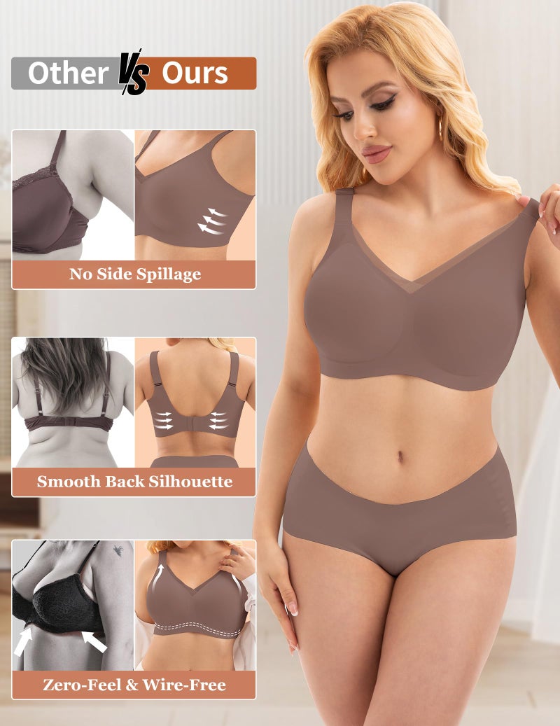 PoseFree Deals Fashion Womens Wireless Bras Supportive Tshirt Bra No Underwire Seamless Push Up V Mesh Comfortable Bralette Everyday Bras Coffee M - Image 5