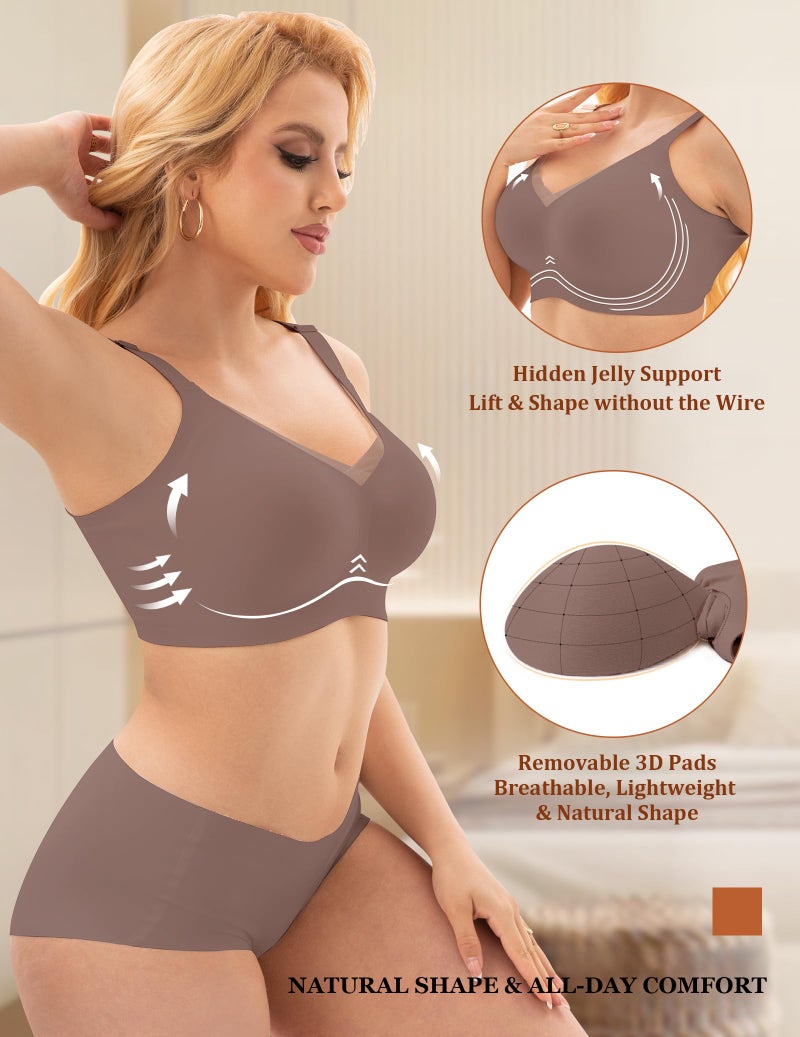 PoseFree Deals Fashion Womens Wireless Bras Supportive Tshirt Bra No Underwire Seamless Push Up V Mesh Comfortable Bralette Everyday Bras Coffee M - Image 4