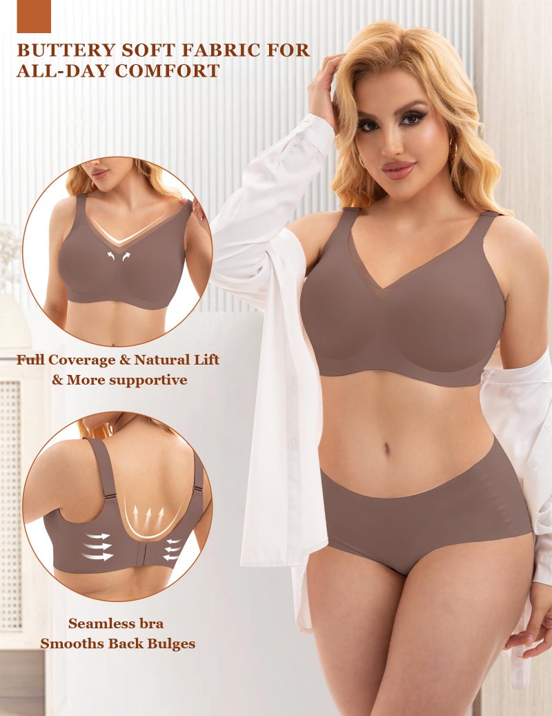 PoseFree Deals Fashion Womens Wireless Bras Supportive Tshirt Bra No Underwire Seamless Push Up V Mesh Comfortable Bralette Everyday Bras Coffee M - Image 2