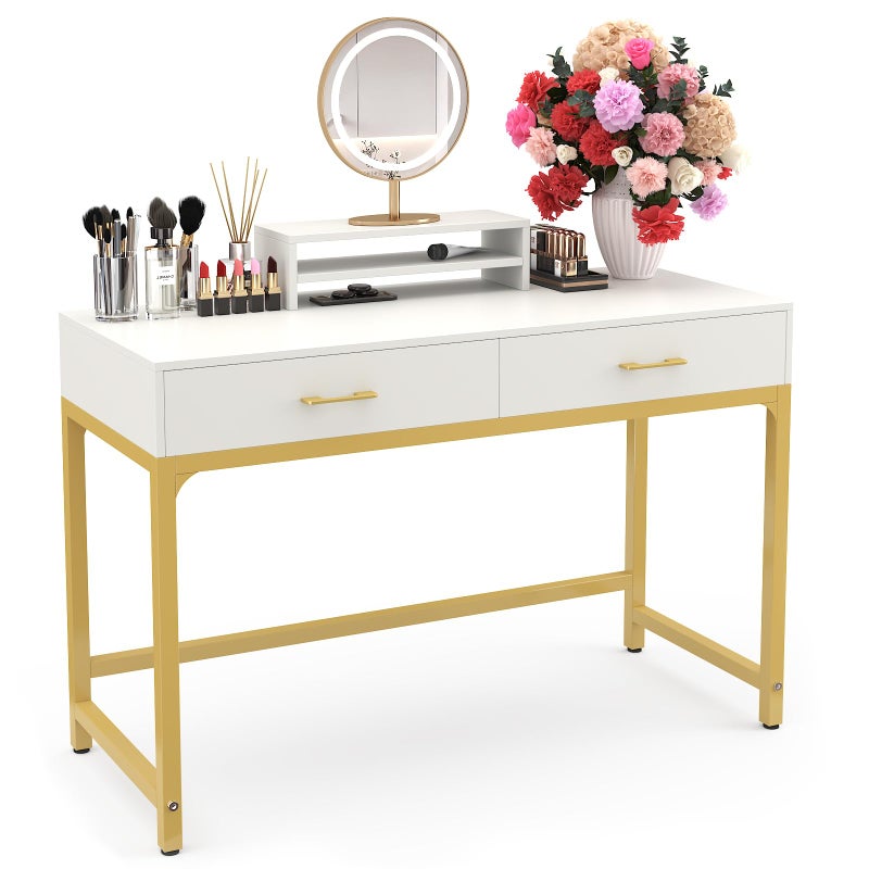WESTREE Women Makeup Vanity Desk with 2 Drawers  Bedroom Home Office Desk Wooden Height Monitor Stand  Storage Shelf Without Mirror White Table Great Gift for Her