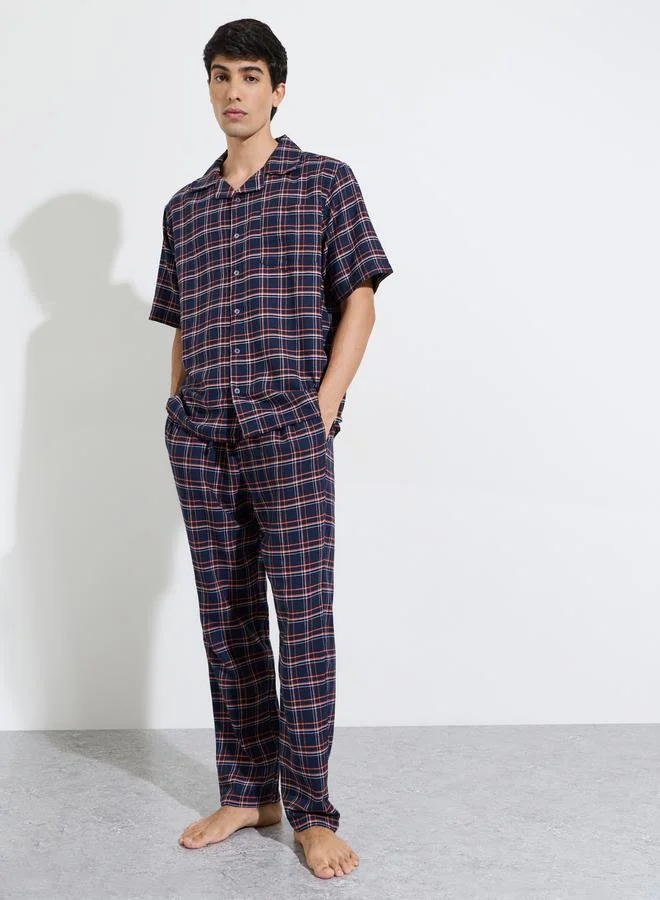 Multi-Color Checked Short Sleeves Shirt and Straight Leg Pants Pyjama Set