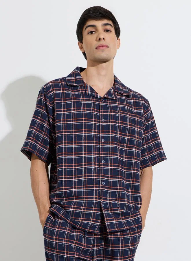 Styli Multi-Color Checked Short Sleeves Shirt and Straight Leg Pants Pyjama Set