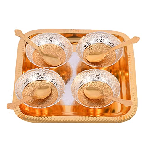 JAIPUR ACE Celebration Silver and Gold Plated Metal Bowl Set with Red Velvet Box (4 Bowl: 4 Spoon: 1 Tray) (Floral Pattern) (Silver Gold Floral Pattern) (Round Pattern) - Image 3