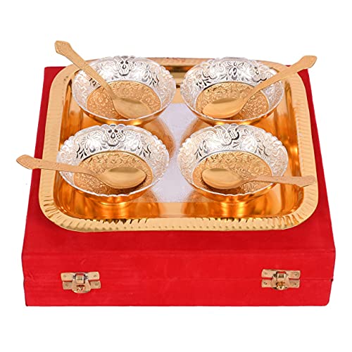 JAIPUR ACE Celebration Silver and Gold Plated Metal Bowl Set with Red Velvet Box (4 Bowl: 4 Spoon: 1 Tray) (Floral Pattern) (Silver Gold Floral Pattern) (Round Pattern) - Image 1