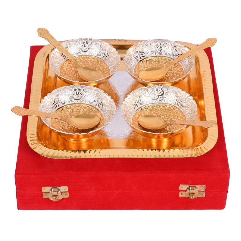 JAIPUR ACE Celebration Silver and Gold Plated Metal Bowl Set with Red Velvet Box (4 Bowl: 4 Spoon: 1 Tray) (Floral Pattern) (Silver Gold Floral Pattern) (Round Pattern) - Image 4