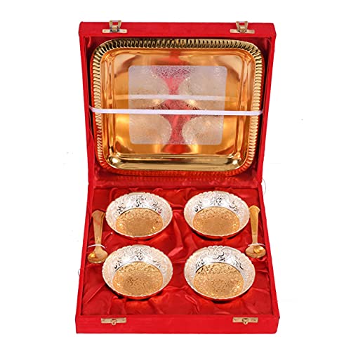 JAIPUR ACE Celebration Silver and Gold Plated Metal Bowl Set with Red Velvet Box (4 Bowl: 4 Spoon: 1 Tray) (Floral Pattern) (Silver Gold Floral Pattern) (Round Pattern) - Image 2