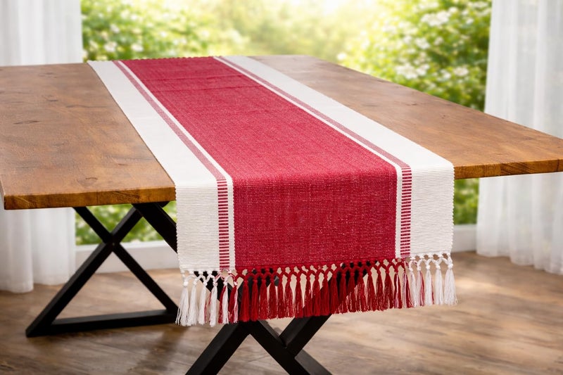 CRAZYWEAVES 100% Cotton Table Runner for 4 Seater Dining Table, Durable with Modern Patterns, Parties and Home Décor, Quick Absorption Handcrafted with Tissles (Red, 152 cm x 32 cm) - Image 1