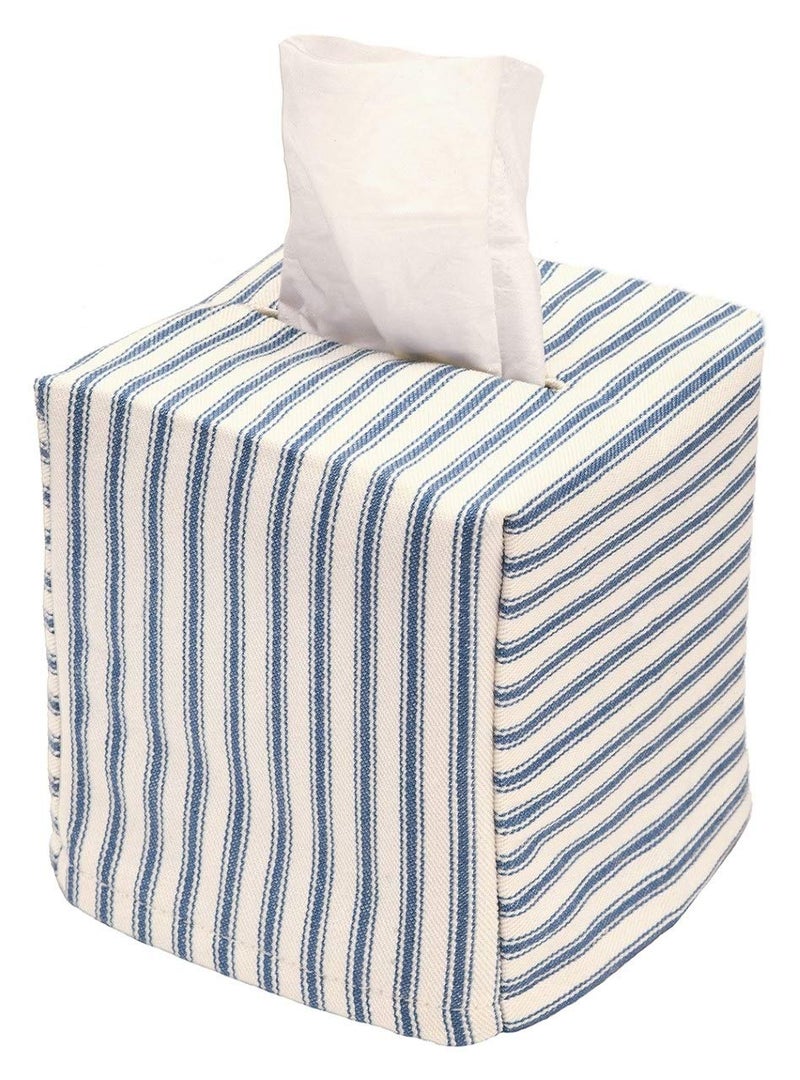 Decorative Things Fabric Tissue Box Cover, Tissue Holder Slipcover, Slips Over Square Cube Cardboard Facial Tissue Boxes -Decorative Blue Bathroom Decor Ticking Stripe, Cotton, Lined - Image 1