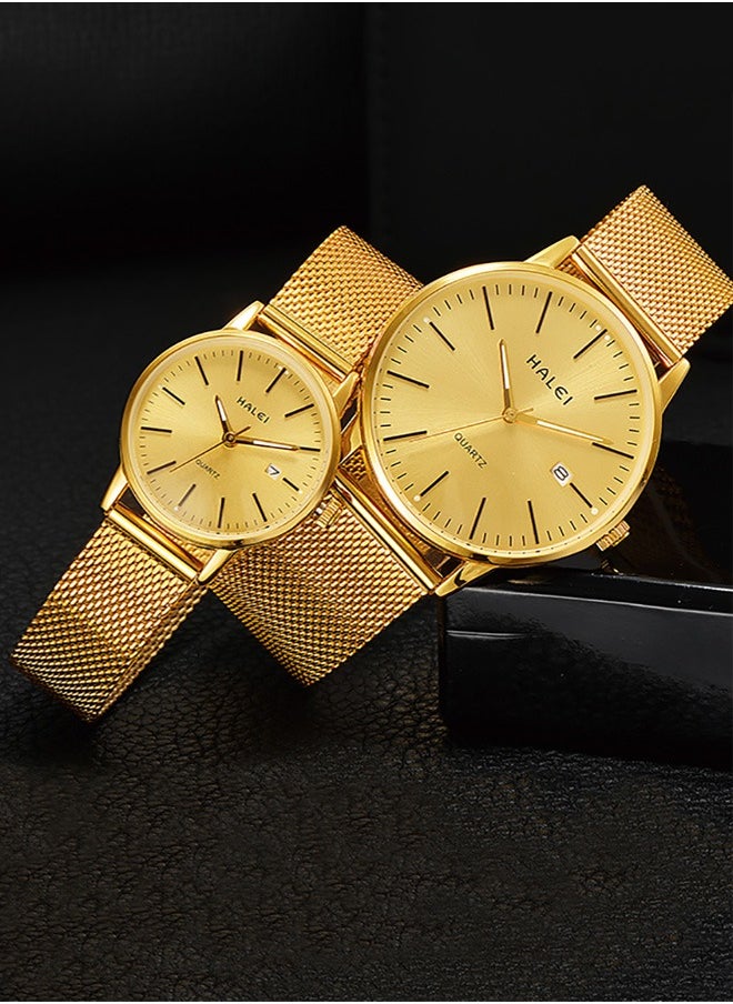 HALEI HALEI 2-Peice Luxury Couple Watches Gold Tone Stainless Steel Quartz Calendar Wristwatch Rhinestone His and Her Watch Set with Calendar  - Image 2