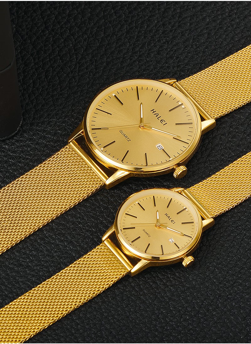 HALEI HALEI 2-Peice Luxury Couple Watches Gold Tone Stainless Steel Quartz Calendar Wristwatch Rhinestone His and Her Watch Set with Calendar  - Image 4