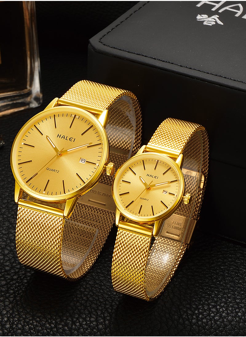 HALEI HALEI 2-Peice Luxury Couple Watches Gold Tone Stainless Steel Quartz Calendar Wristwatch Rhinestone His and Her Watch Set with Calendar  - Image 3