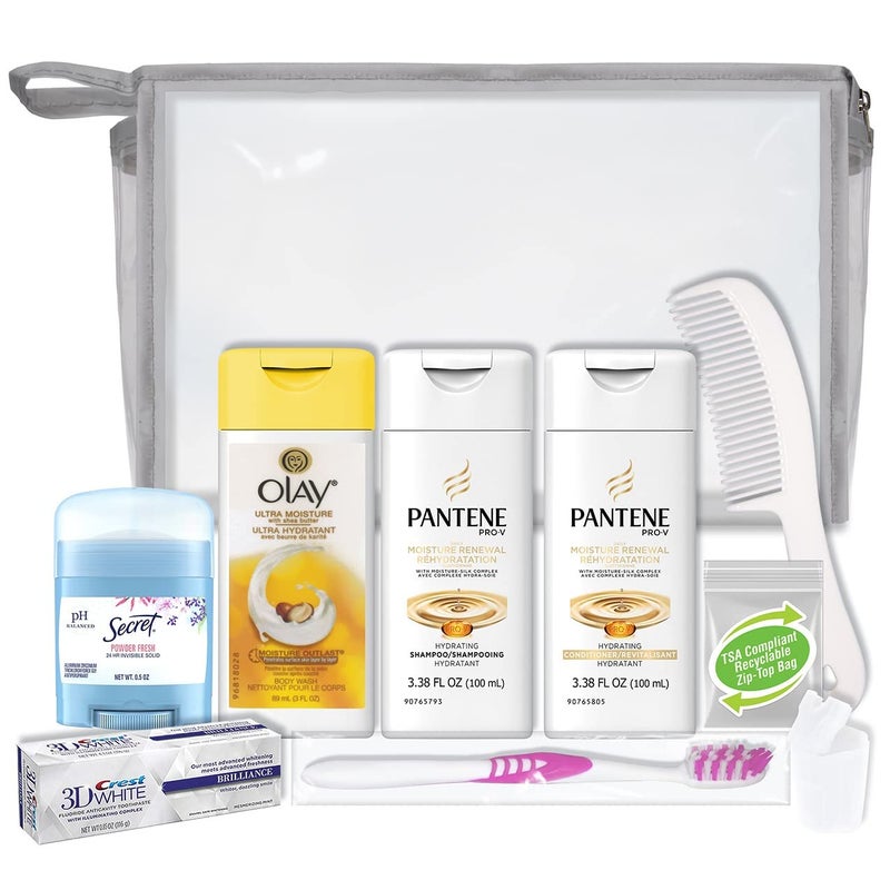 Convenience Kits International Convenience Kits International Womens 10Piece Deluxe Kit with Travel Size TSA Compliant Essentials Featuring Pantene Hair Products in Reusable Toiletry Bag  Clear color