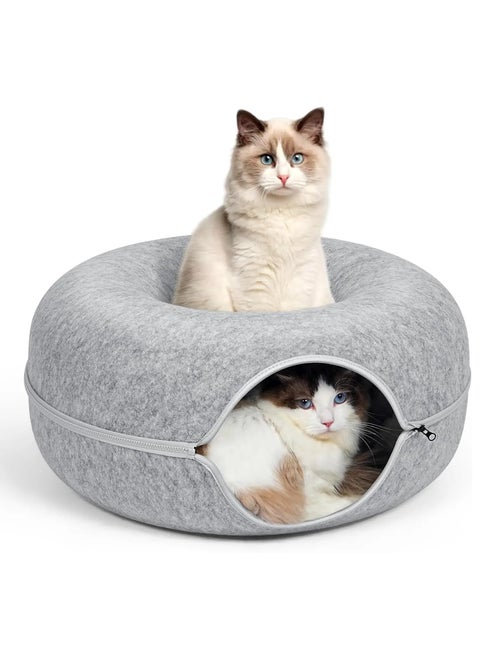 Cat Tunnel Bed, Detachable Felt Cat Nest, Round Donut Felt Pet Nest, Four Seasons Available cat nest, Semi-Closed Washable Cat Tunnel Nest, Indoor Cat Hideout, Cat Condo (Light Gray)