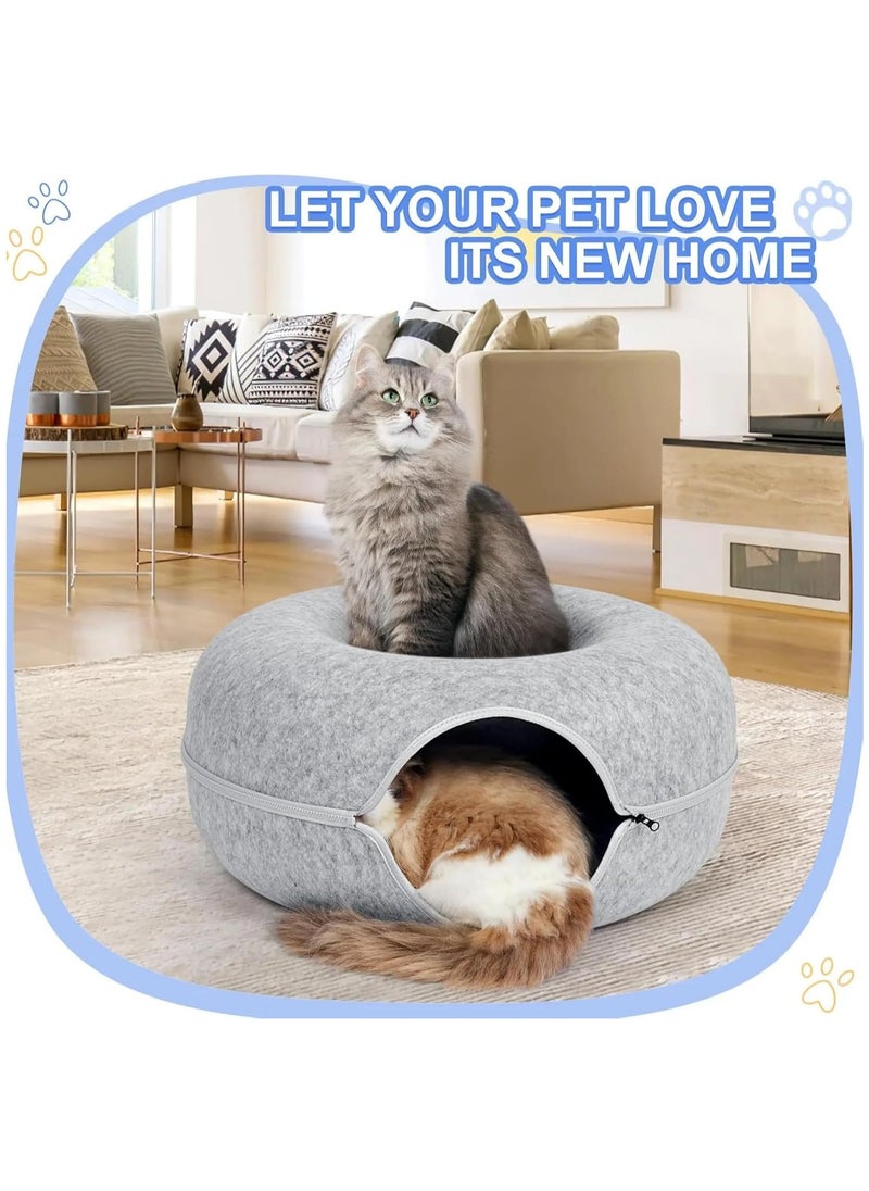Cat Tunnel Bed, Detachable Felt Cat Nest, Round Donut Felt Pet Nest, Four Seasons Available cat nest, Semi-Closed Washable Cat Tunnel Nest, Indoor Cat Hideout, Cat Condo (Light Gray)