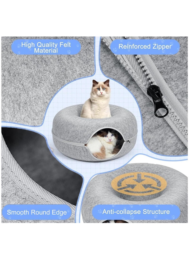 Cat Tunnel Bed, Detachable Felt Cat Nest, Round Donut Felt Pet Nest, Four Seasons Available cat nest, Semi-Closed Washable Cat Tunnel Nest, Indoor Cat Hideout, Cat Condo (Light Gray)