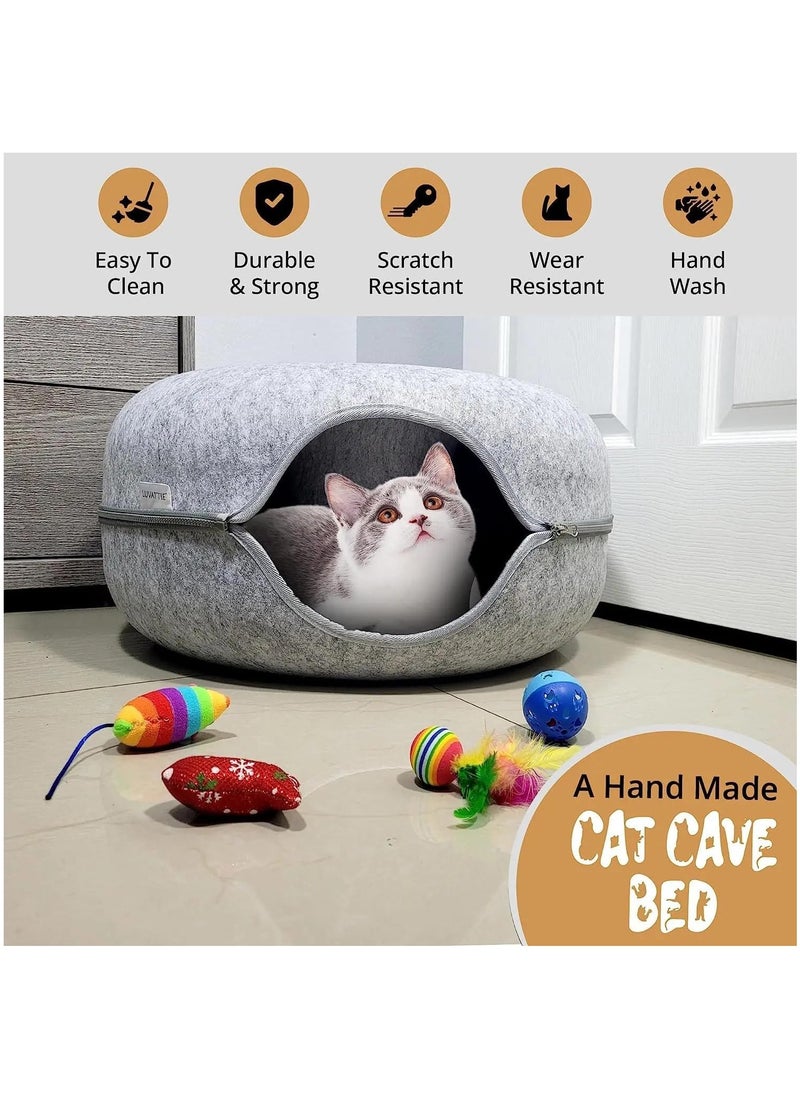 Cat Tunnel Bed, Detachable Felt Cat Nest, Round Donut Felt Pet Nest, Four Seasons Available cat nest, Semi-Closed Washable Cat Tunnel Nest, Indoor Cat Hideout, Cat Condo (Light Gray)