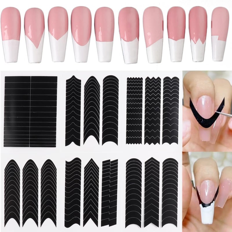 Fcozpjk French Tip Nail Stickers 6 Sheets Self-Adhesive Nails Sticker French Tips Guides Tool Wave Lines Nails Tape for Nail Art Airbrush Stencils Set - Image 1
