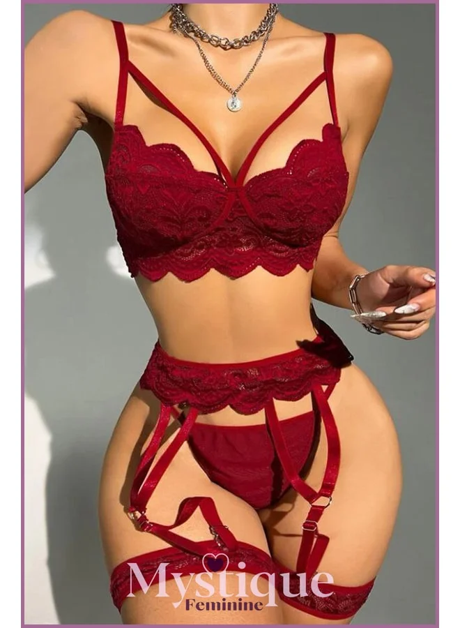 VEILLE Burgundy Lace Fantasy Costume, Women's Sexy 5-Piece Garter Set, Erotic Lingerie, Nightgown.