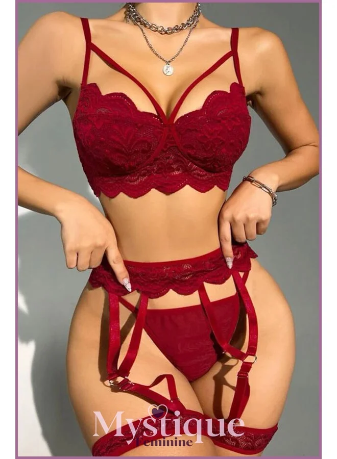 VEILLE Burgundy Lace Fantasy Costume, Women's Sexy 5-Piece Garter Set, Erotic Lingerie, Nightgown.