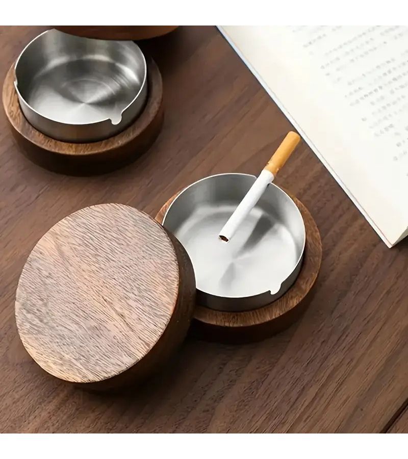 Stainless Steel Ashtray With Anti Overflow Design Round Solid Wood For Home And Office Use Creative Anti Flying Ash No Electricity Required Perfect Personalized Gift For Christmas Birthday Wedding - Image 1
