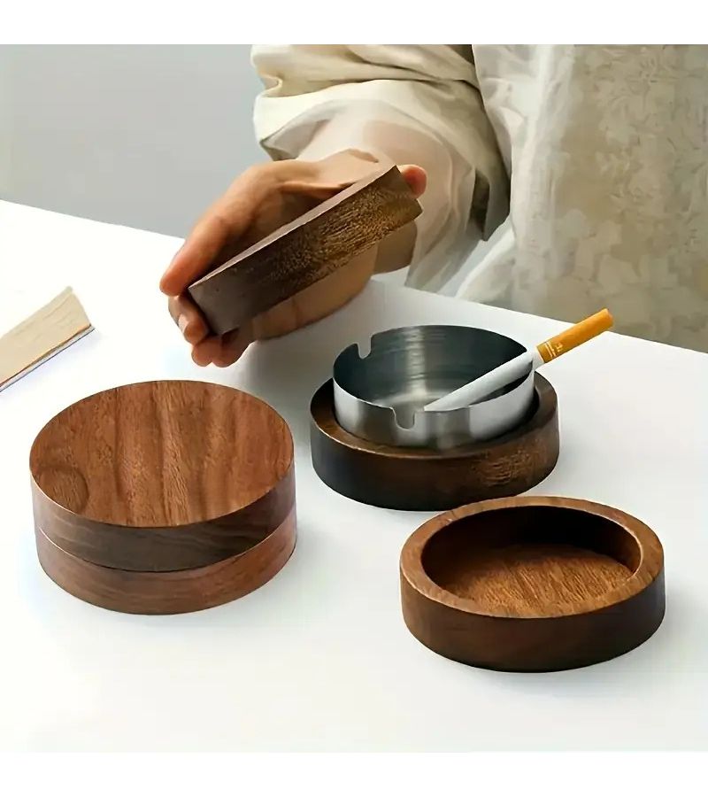 Stainless Steel Ashtray With Anti Overflow Design Round Solid Wood For Home And Office Use Creative Anti Flying Ash No Electricity Required Perfect Personalized Gift For Christmas Birthday Wedding - Image 3