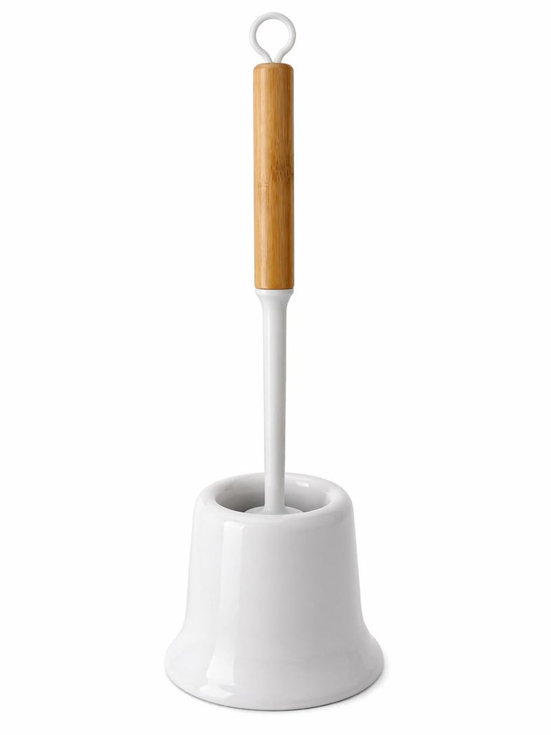 Silicone Toilet Brush with Holder, Wooden Handle Bathroom Cleaning Brush, Premium Silicone Bristles, Anti-Drip Quick Dry Hygienic Brush Set, White – 39cm, White - Image 1