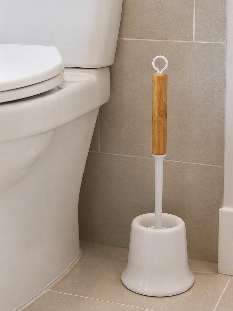 Silicone Toilet Brush with Holder, Wooden Handle Bathroom Cleaning Brush, Premium Silicone Bristles, Anti-Drip Quick Dry Hygienic Brush Set, White – 39cm, White - Image 3