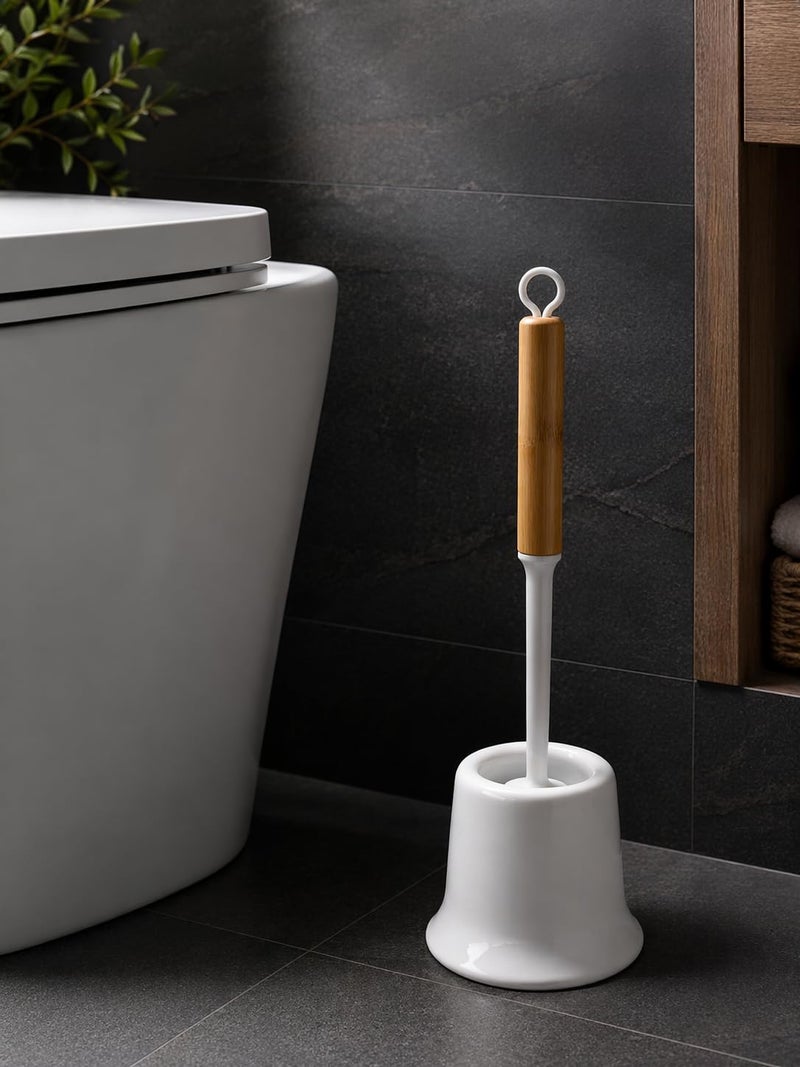 Silicone Toilet Brush with Holder, Wooden Handle Bathroom Cleaning Brush, Premium Silicone Bristles, Anti-Drip Quick Dry Hygienic Brush Set, White – 39cm, White - Image 4