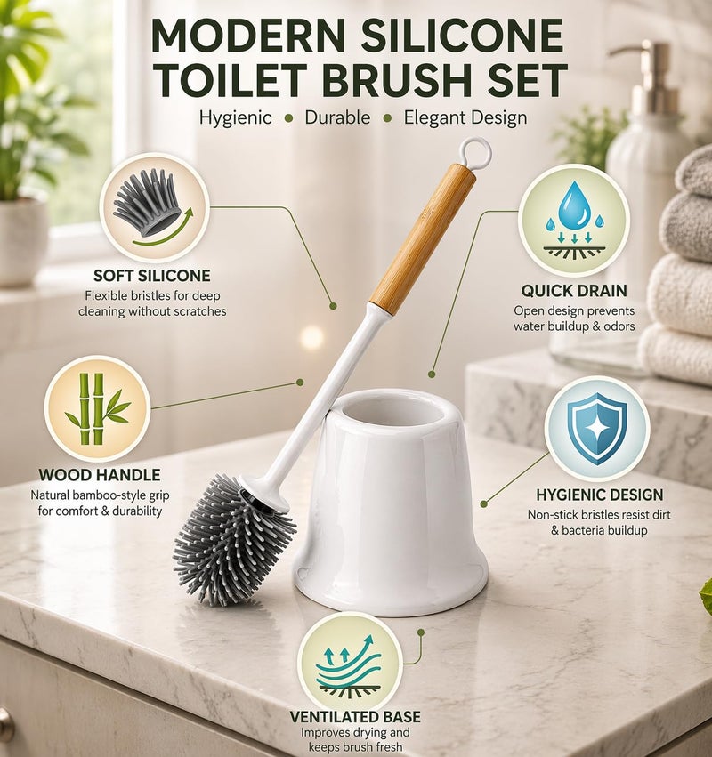 Silicone Toilet Brush with Holder, Wooden Handle Bathroom Cleaning Brush, Premium Silicone Bristles, Anti-Drip Quick Dry Hygienic Brush Set, White – 39cm, White - Image 5