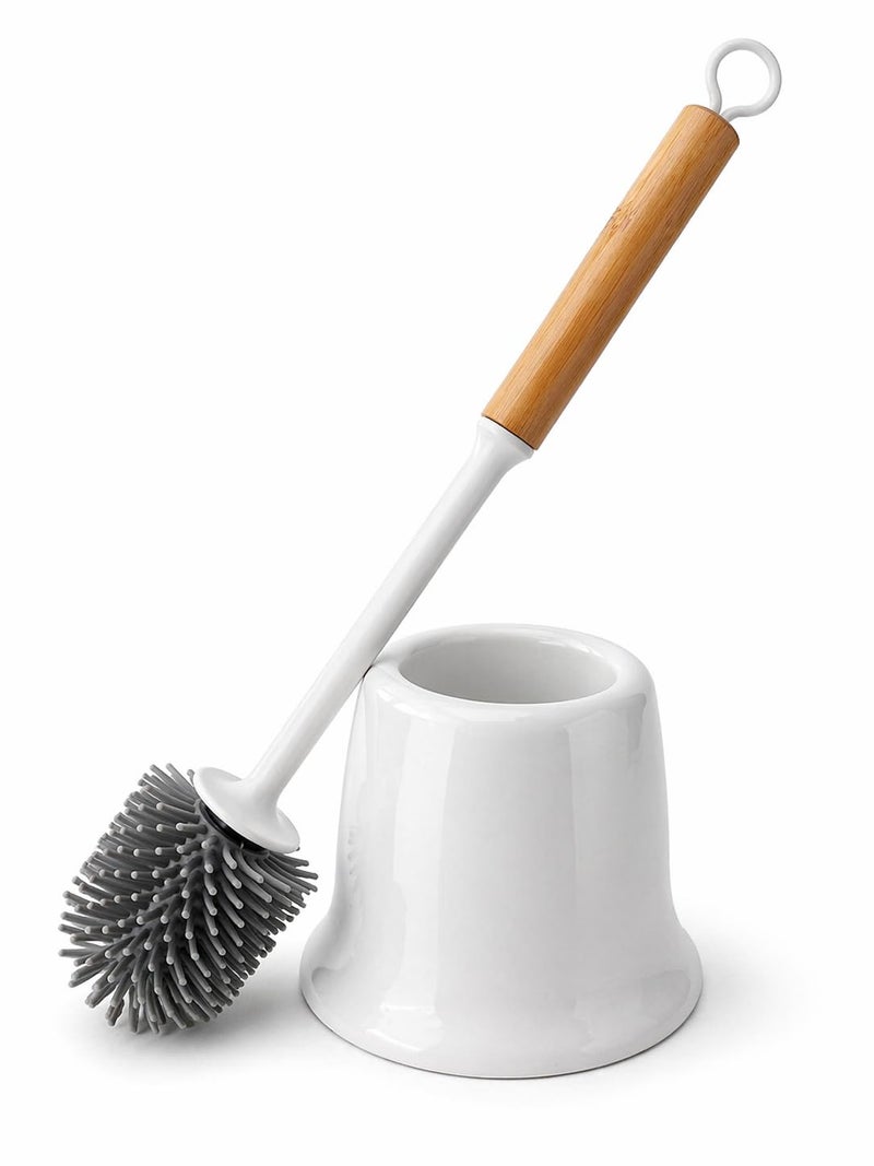 Silicone Toilet Brush with Holder, Wooden Handle Bathroom Cleaning Brush, Premium Silicone Bristles, Anti-Drip Quick Dry Hygienic Brush Set, White – 39cm, White - Image 2
