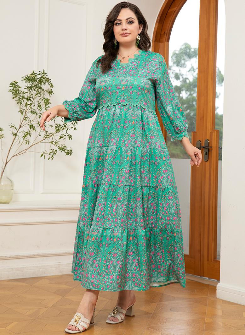 فرايديين لبس العطلة طوق على شكل V زهري مزخرف كم الفانوس فساتين حجم إضافي اخضر - Image 1