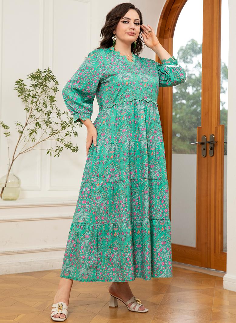 فرايديين لبس العطلة طوق على شكل V زهري مزخرف كم الفانوس فساتين حجم إضافي اخضر - Image 3