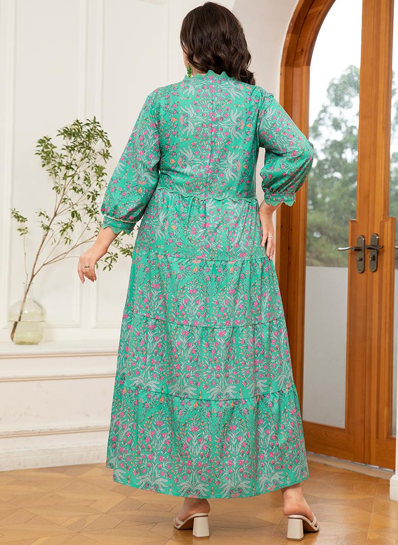 فرايديين لبس العطلة طوق على شكل V زهري مزخرف كم الفانوس فساتين حجم إضافي اخضر - Image 2