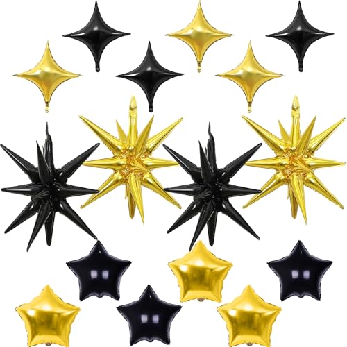Froova Black and Gold Star Balloons 22in Large Star Balloons Foil 10in 4Pointed Pentagram Balloon for Graduation Retirement New Year Birthday Party Decorations - Image 1