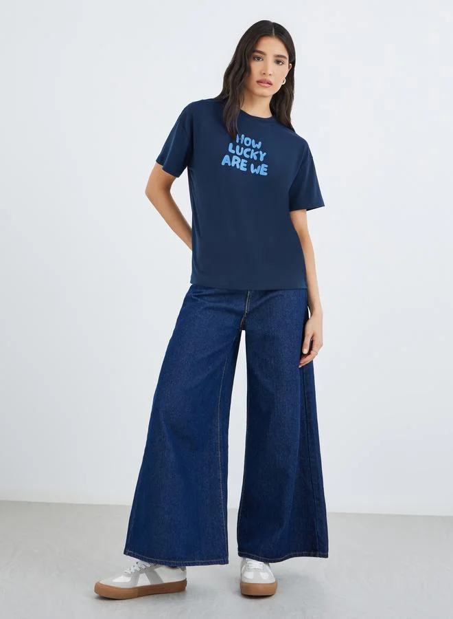 تايك تو Take Two Slogan Print Round Neck T-Shirt