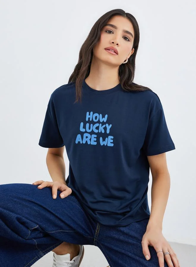 تايك تو Take Two Slogan Print Round Neck T-Shirt