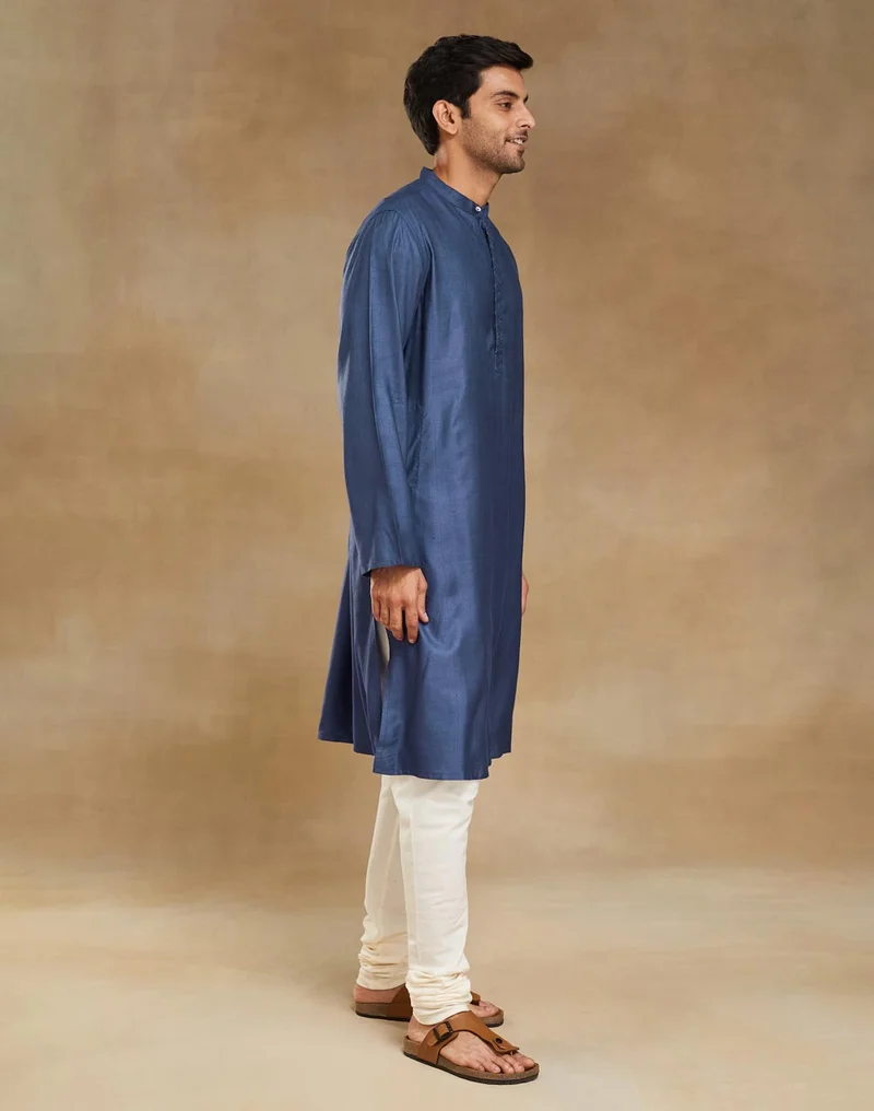 Fabindia Blue Viscose Silk Woven Long Kurta