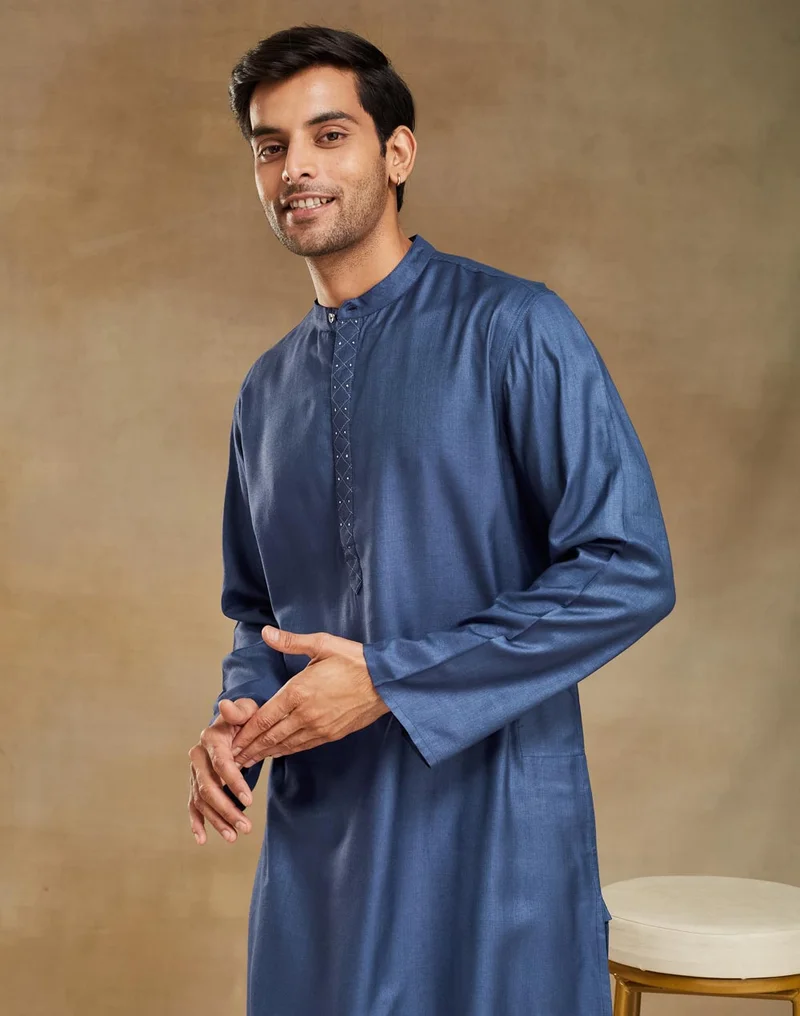 Fabindia Blue Viscose Silk Woven Long Kurta