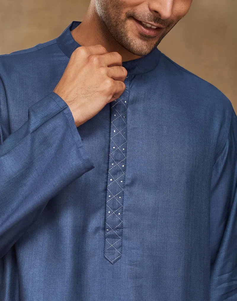 Fabindia Blue Viscose Silk Woven Long Kurta