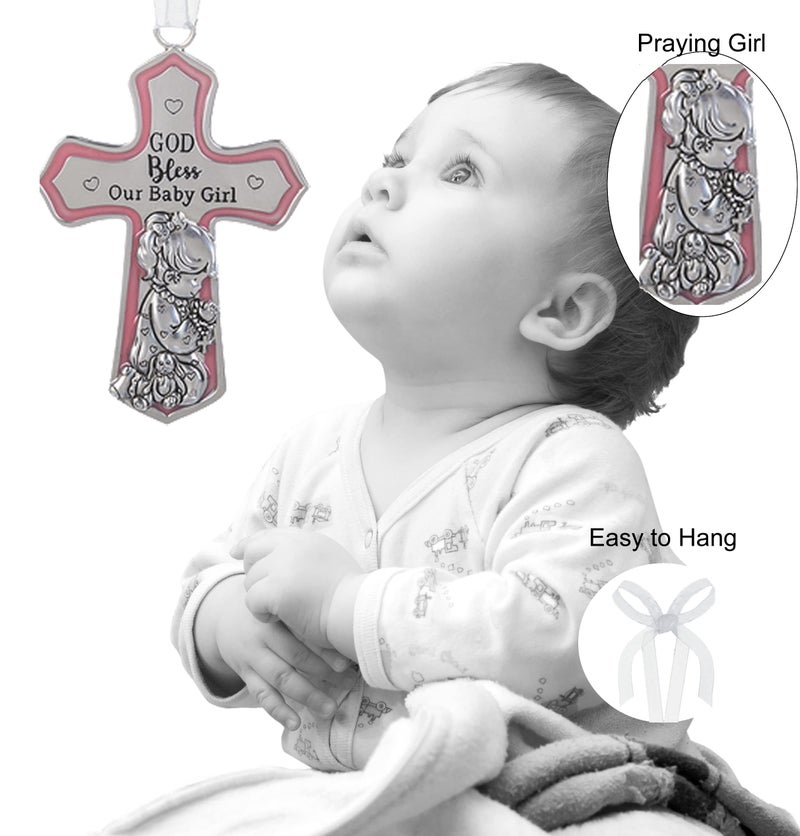 GANZ Christening Gifts for Girls, Catholic Baptismal Gifts for Girls, Ornate Crib Cross Baby Girl, Baby Shower Crib Medal Praying Girl, God Bless Our Baby Girl Nursery Wall Cross DÃ©cor - Image 4